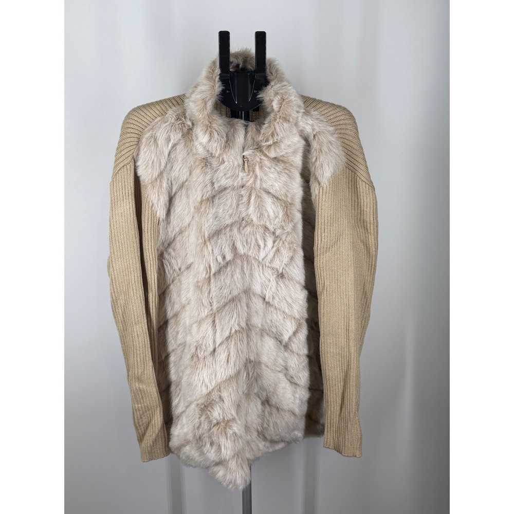 Dennis Basso Faux Fur Front Ribbed Knit Cardigan Sweater Jacket Tan Beige 1X